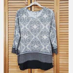 Rose+ Olive Long Sleeve Border Print Tunic Top Size L